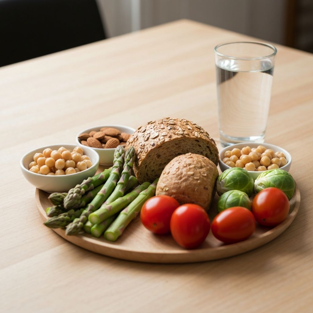 Balanced meal setup with whole foods arranged symmetrically on light wooden table