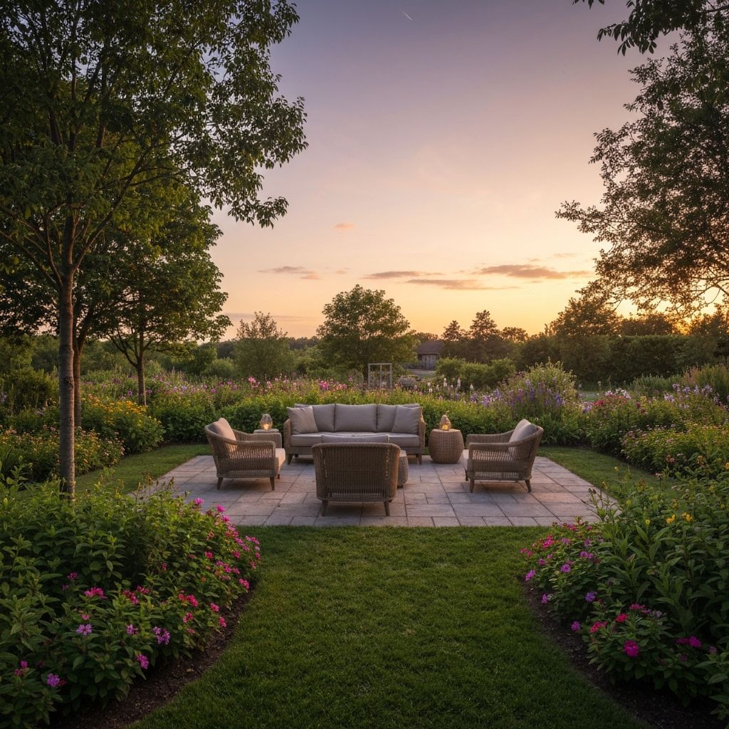 Serene outdoor garden setting at golden hour with comfortable seating area in peaceful natural light