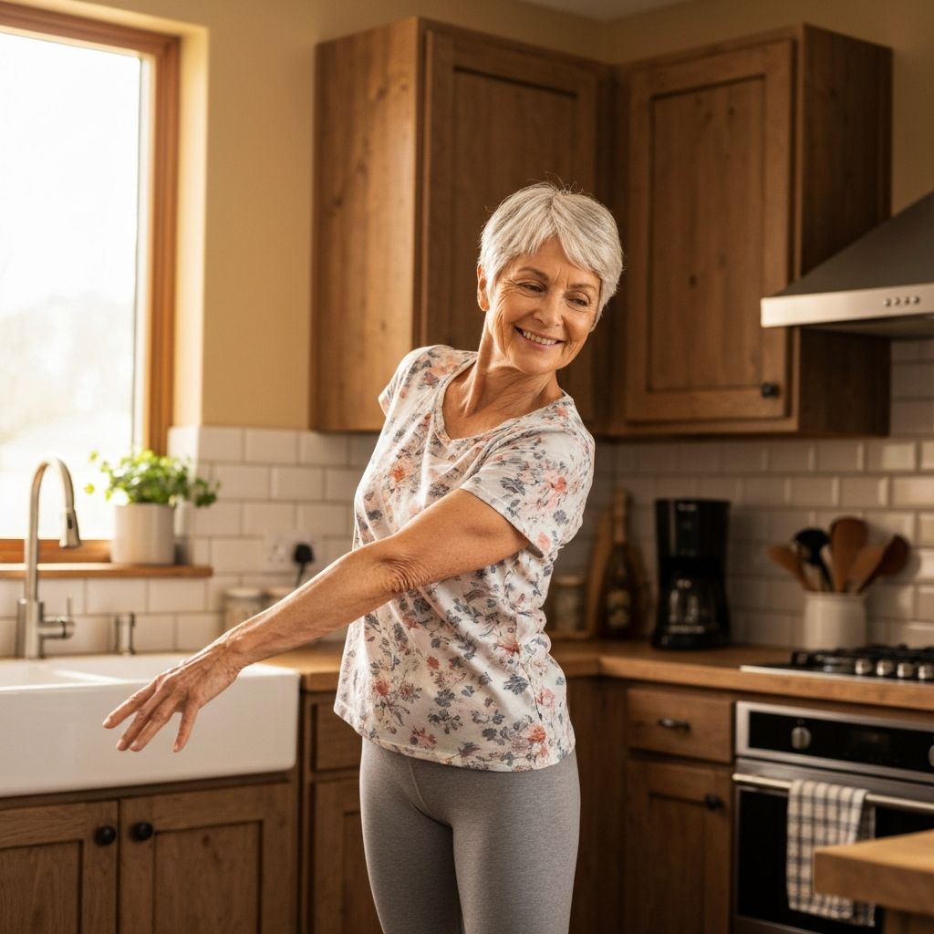 Person engaged in light everyday activity gently stretching or moving in kitchen preparing food with warm natural lighting