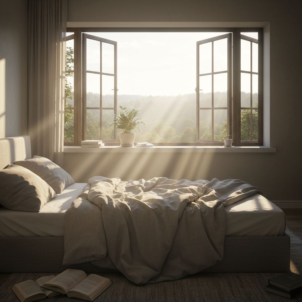 Peaceful bedroom scene with soft natural morning light through windows and neutral-colored bedding