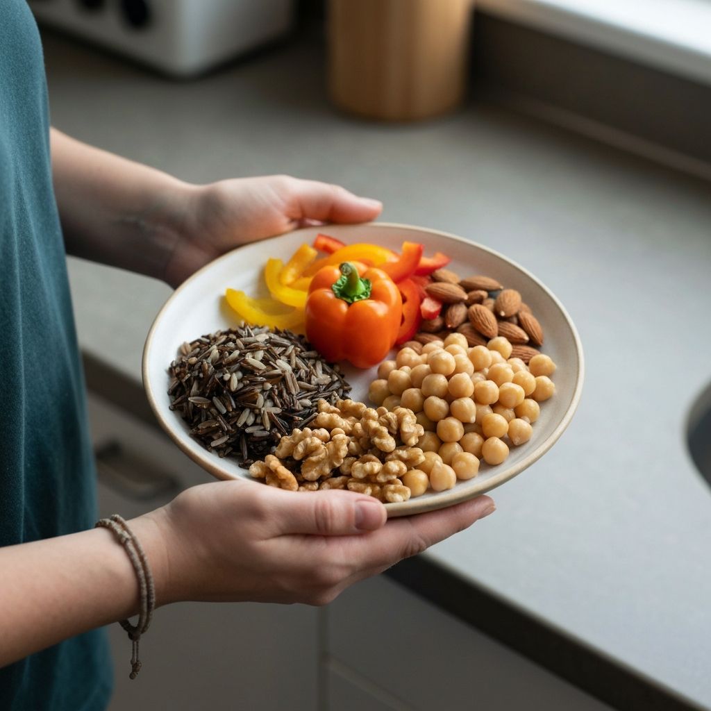 Hands balancing a ceramic plate with diverse whole foods including vegetables, grains, legumes and nuts in harmonious proportions